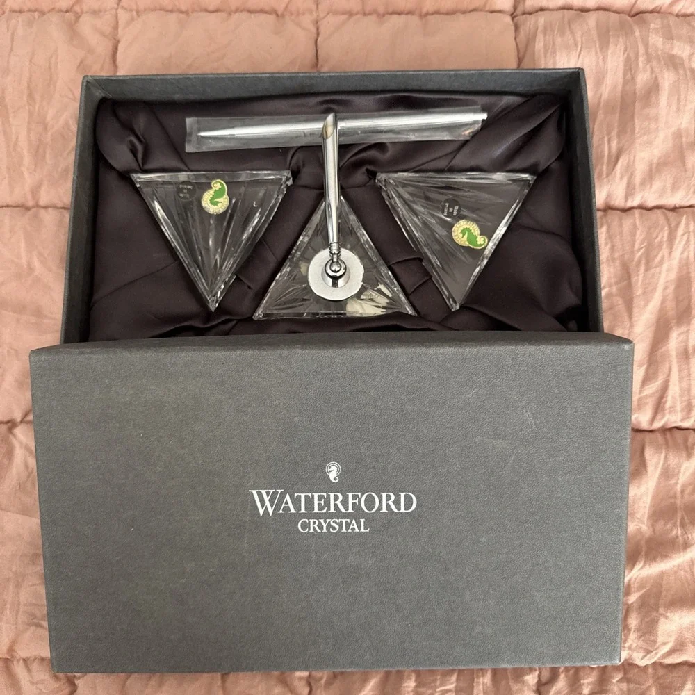 Vtg Waterford Crystal Executive Triangle Set Pen Holder, Pen, Paper Weights
